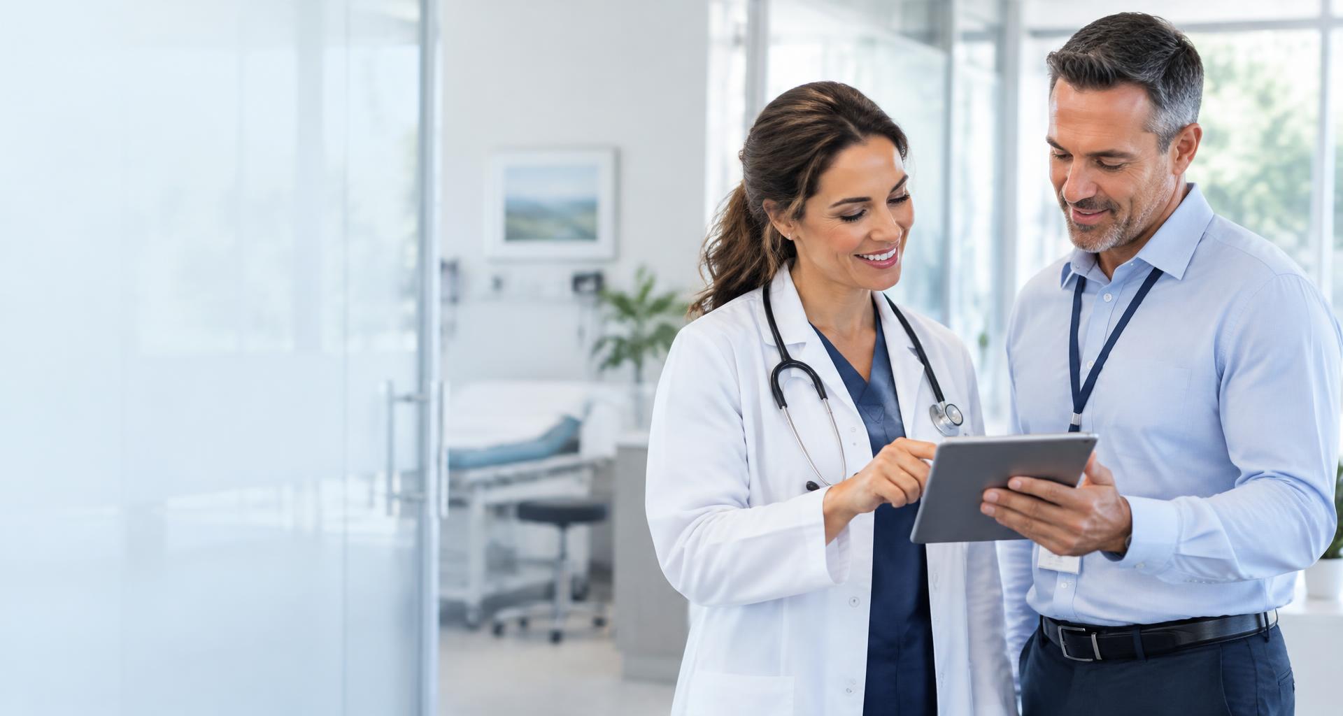 A physician and healthcare administrator working together